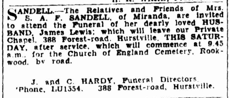 Funeral announcement of James Lewis Sandell in Sydney 1936, New South Wales, Australia