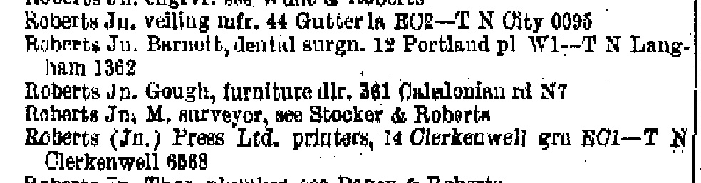 John Gough Roberts listed in the 1929 Kellys directory as a furniture dealer at 361 Caledonian Road