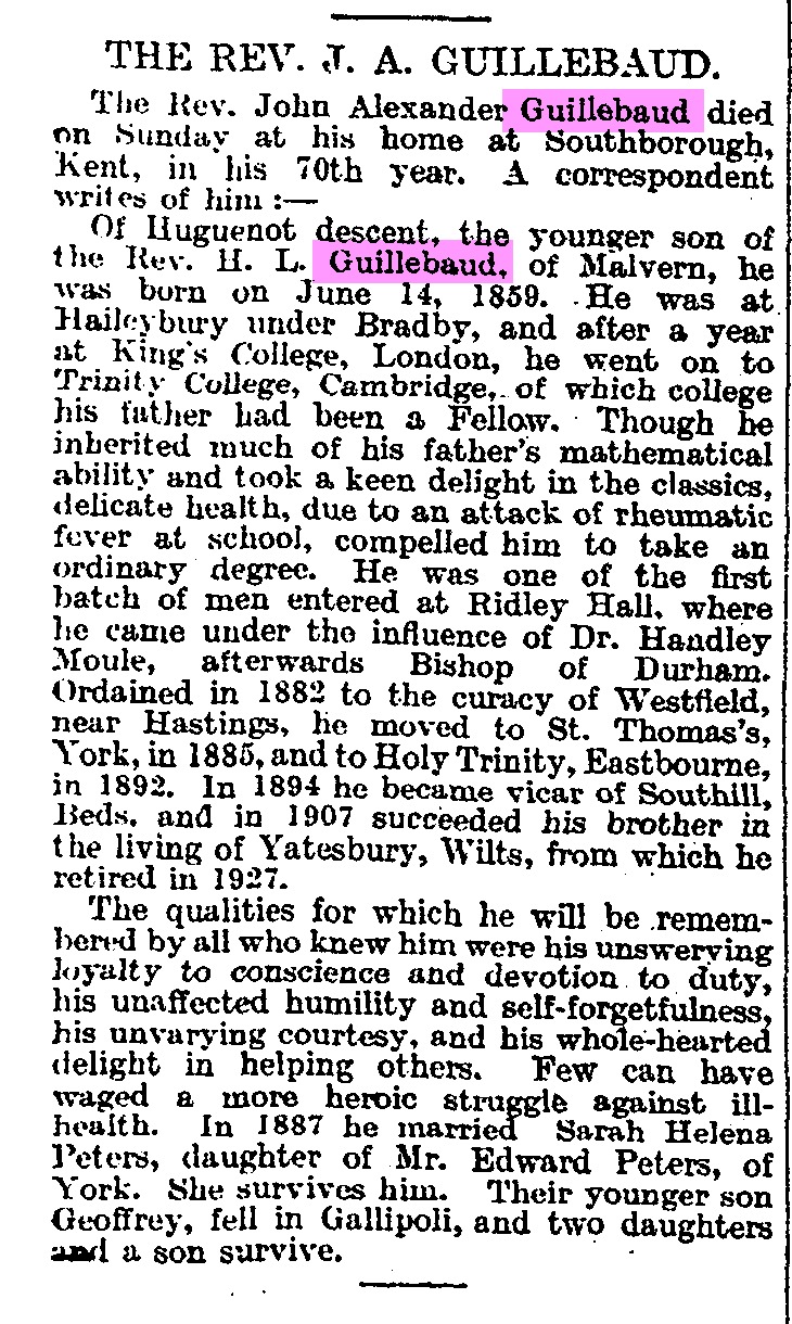 Obituary of John Alexander Guillebaud, The Times Feb 20, 1929