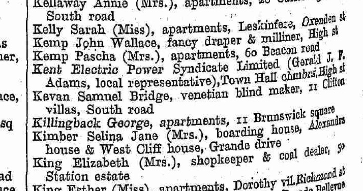 Samuel Bridge Kevan, venetian blind maker in the 1903 Kelly’s directory for Herne Bay, Kent