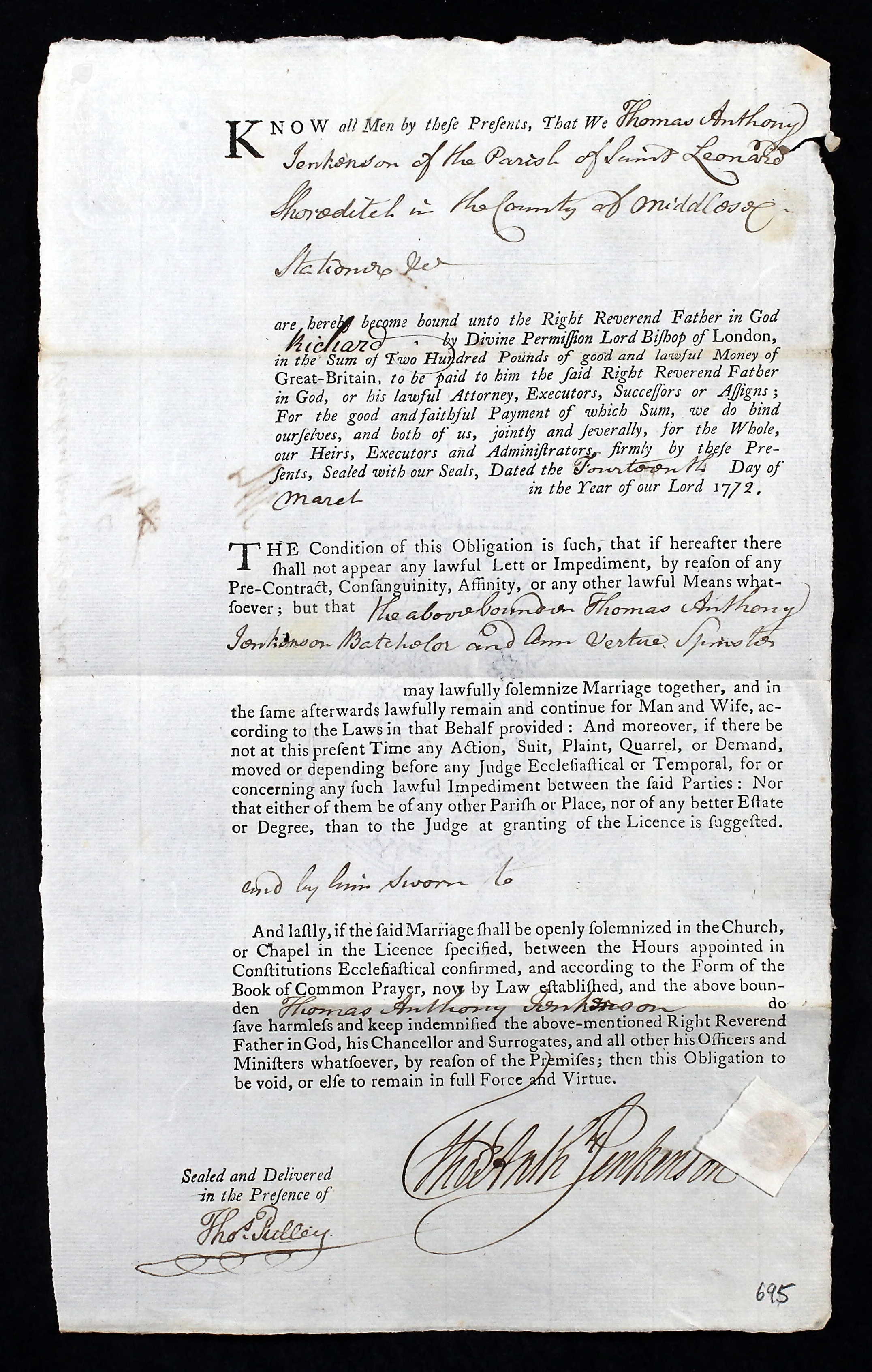 Marriage licence for Thomas Anthony Jenkenson and Ann Vertue, costing £200 a fortune in those days