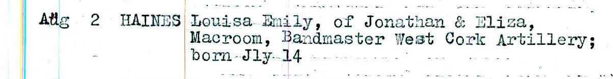 Baptism record for Louisa Emily Haines, 1872 from Macroon, Ireland