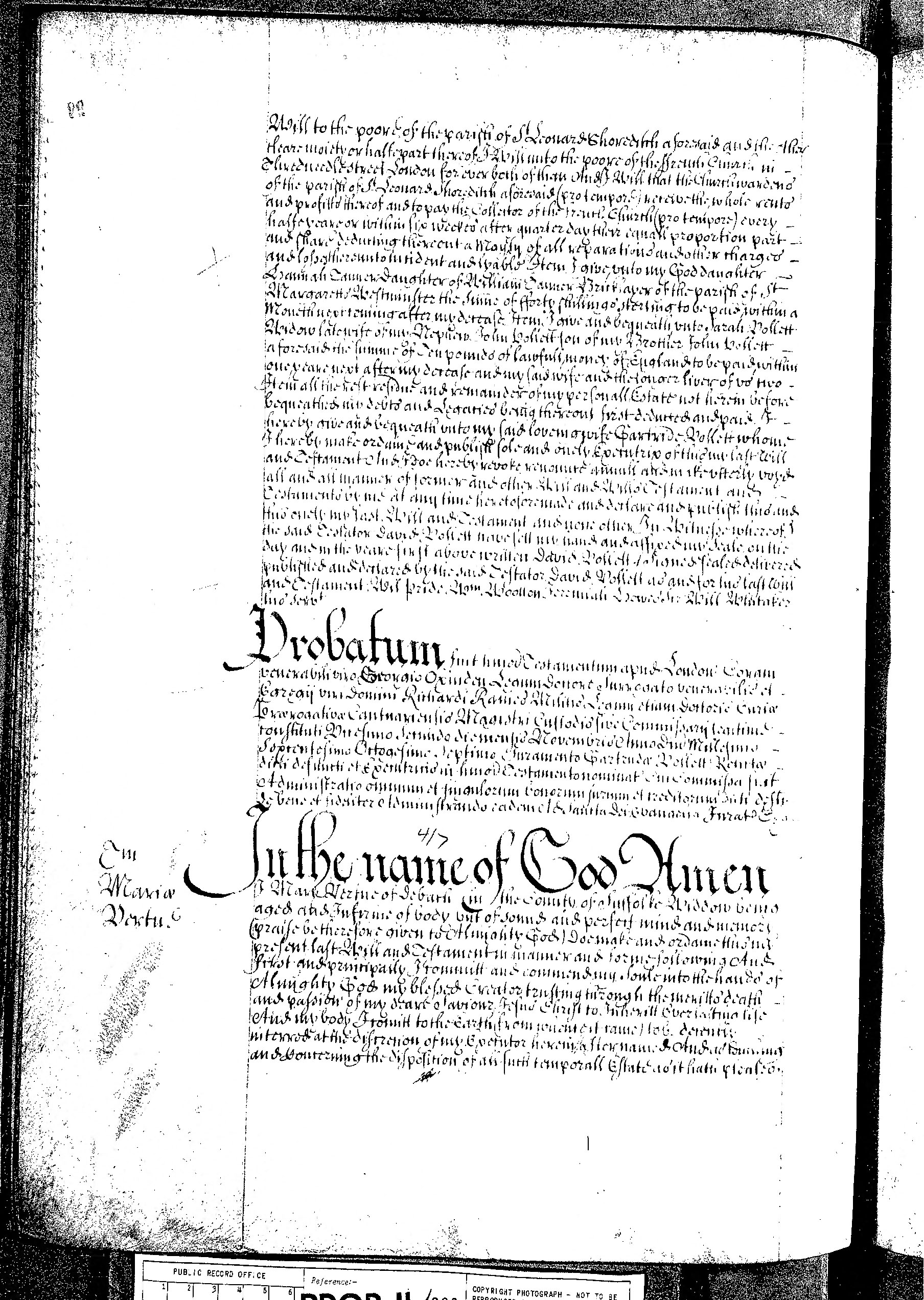 The will of Mary Vertue of 1686, page 1. The will mentions son Symon, daughters Mary and Martha, grandchildren Symon ??? and Christopher ??? as well as various ships