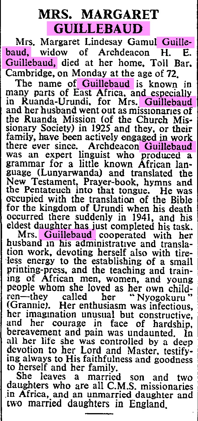 The obituary of Margaret Guillebaud in The Times, 15 July 1961