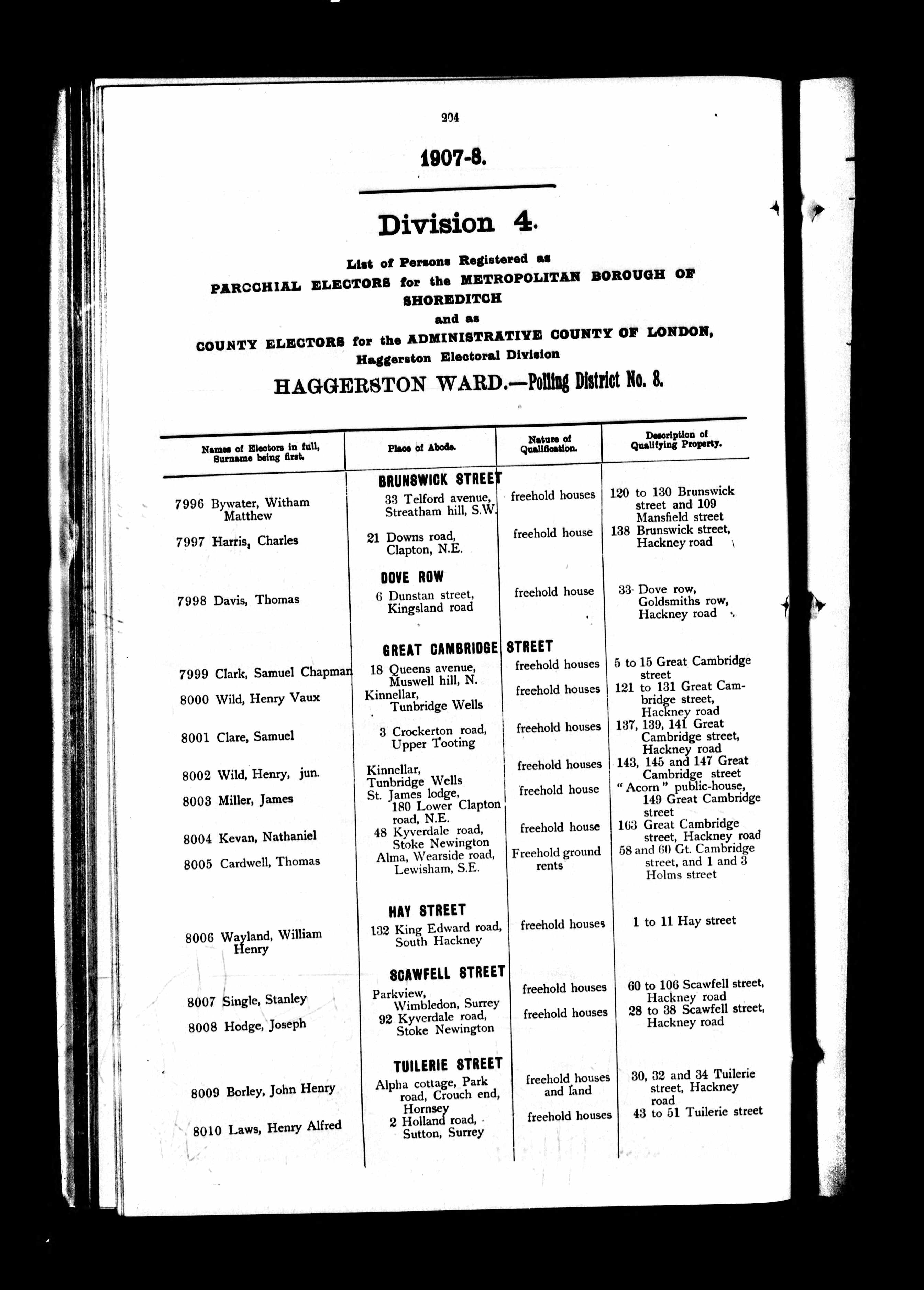 Nathaniel Kevan held property in Great Cambridge Street - 1908 electoral register