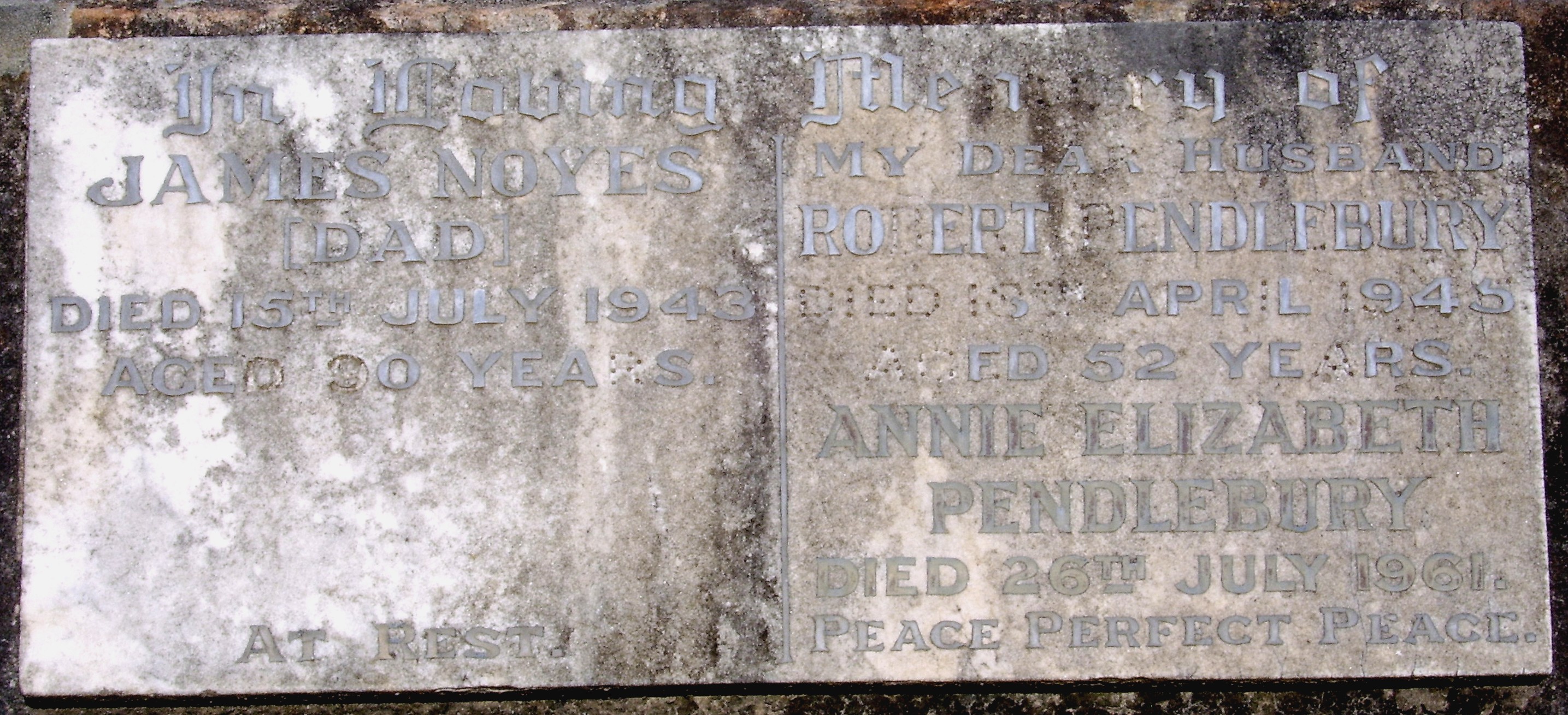 The grave of James (Davis) Noyes, Robert Pendlebury and Annie Elizabeth Pendlebury (neé Noyes)