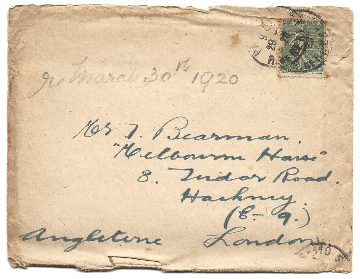 Letter (envelope) March 28th 1920 Donald to father