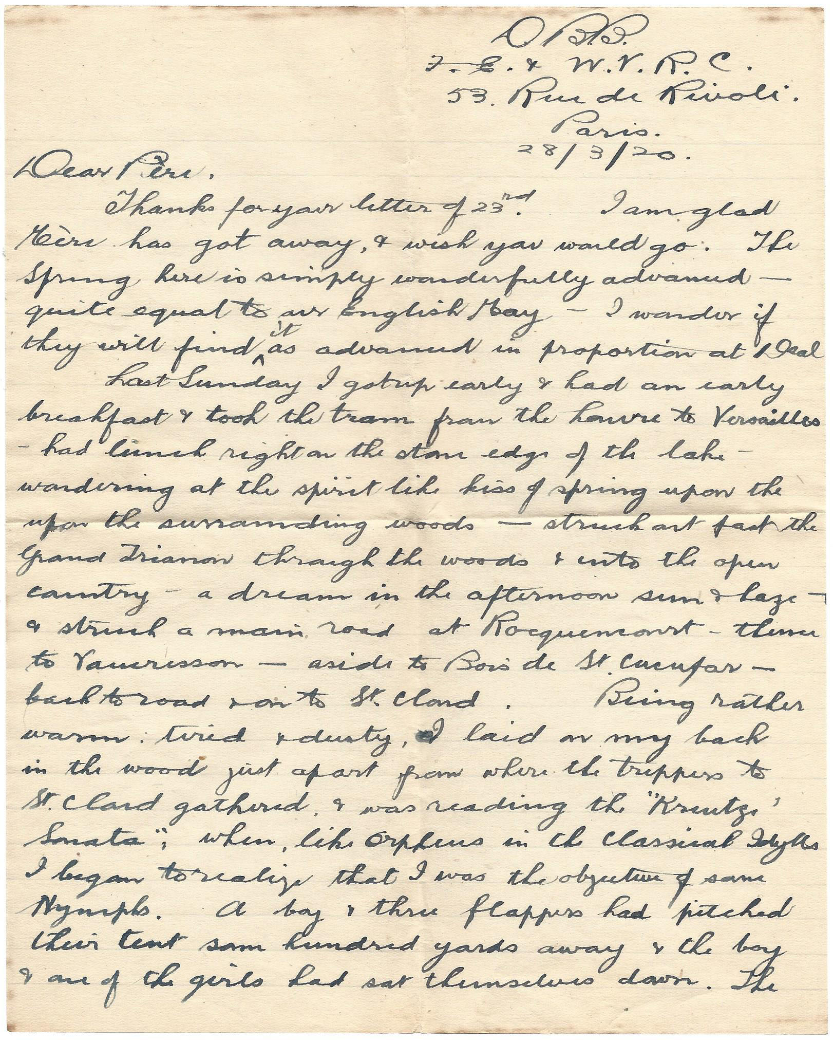 Spring in Paris 1920 page 1 - letter from Donald Bearman to father Thomas dated 28th March 