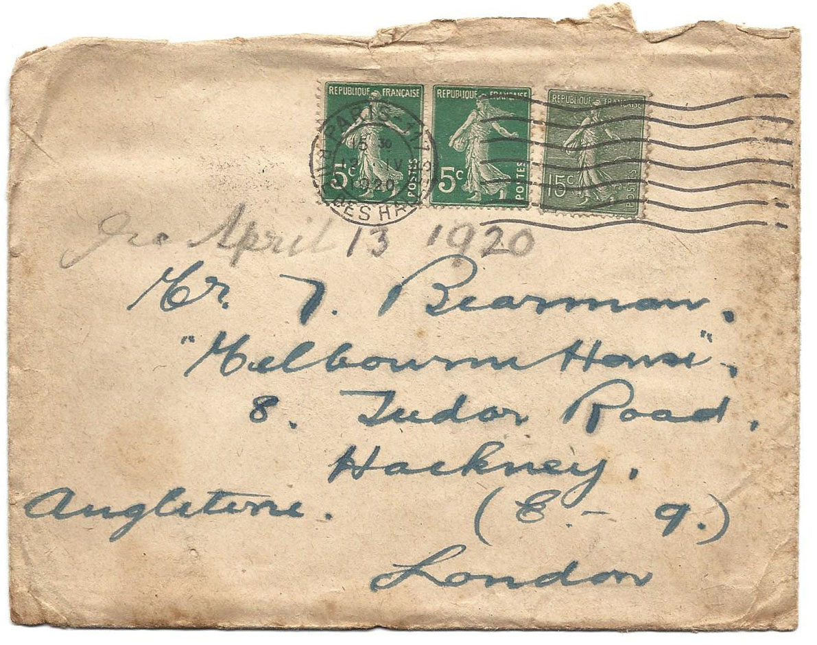 Envelope for letter of 11th April 1920 Donald Bearman to father 
