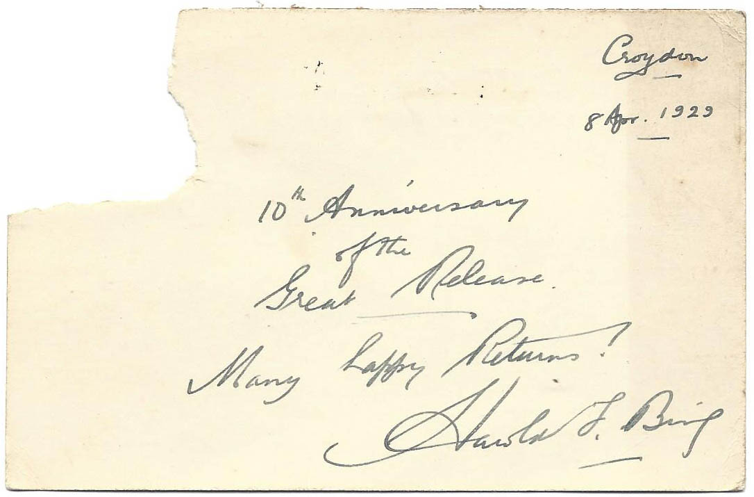 1929-04-08 Post card to Donald Bearman from Harold Bing on the 10th anniversary of the Great Release, 8th April 1929