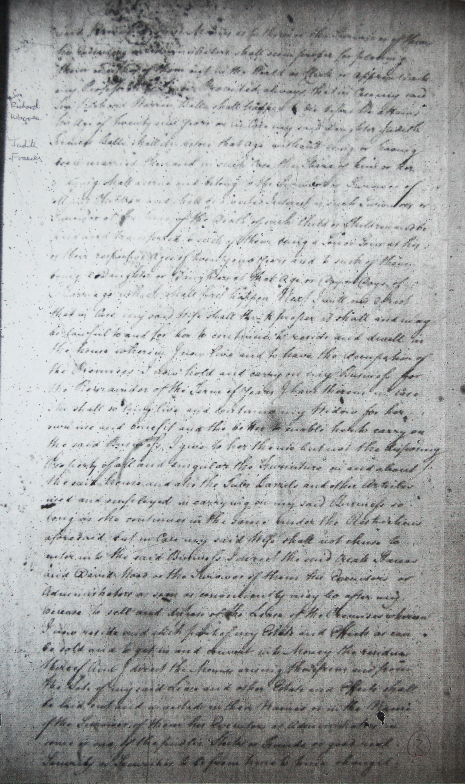 Richard Balls will of 1798, page 3. Mentions son Richard Warren, daughter Judith Frances