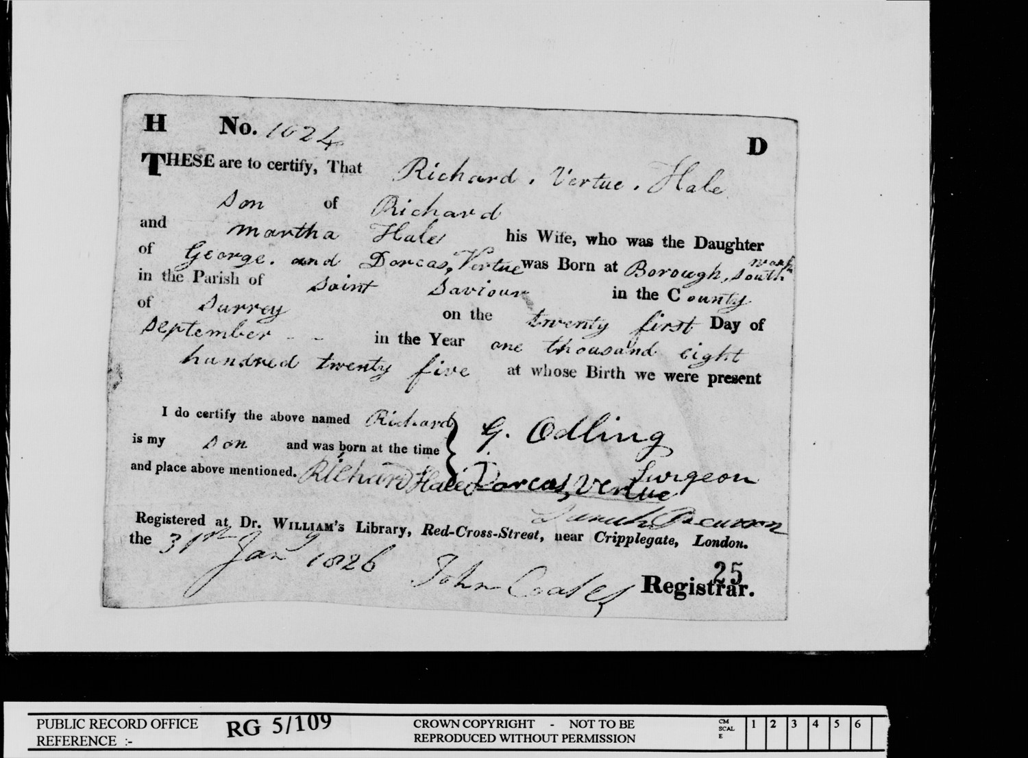 Birth record for Richard Vertue Hale, showing parents and maternal grand parents