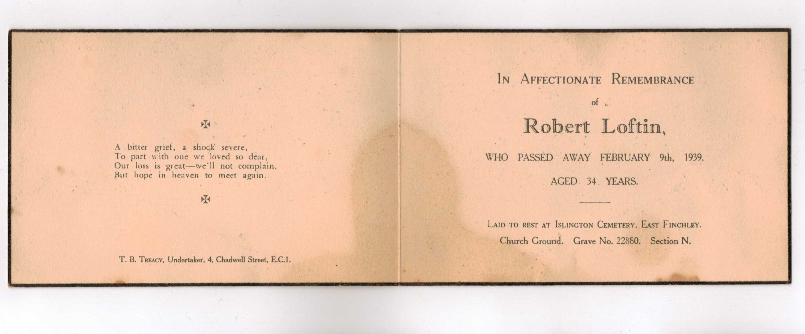 Robert Loftin funeral card 1939
