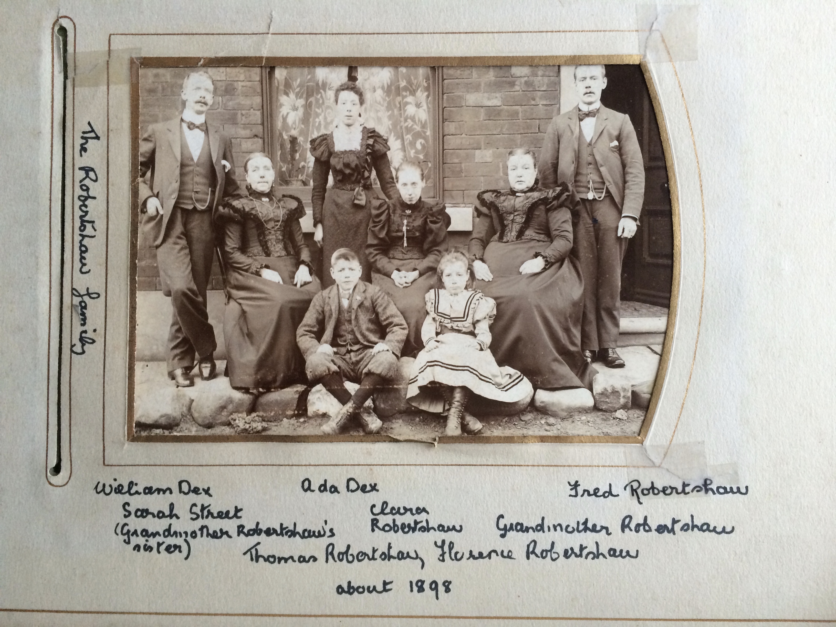 Grandmother Robertshaw (Ann née Buckley) and family from Florence Middlemiss’s historic album — I presume either written by Florence Robertshaw or written in the sense of Ann was grandmother in the picture.