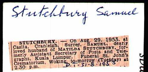 Death of Samuel Stutchbury, clipping from Ancestry