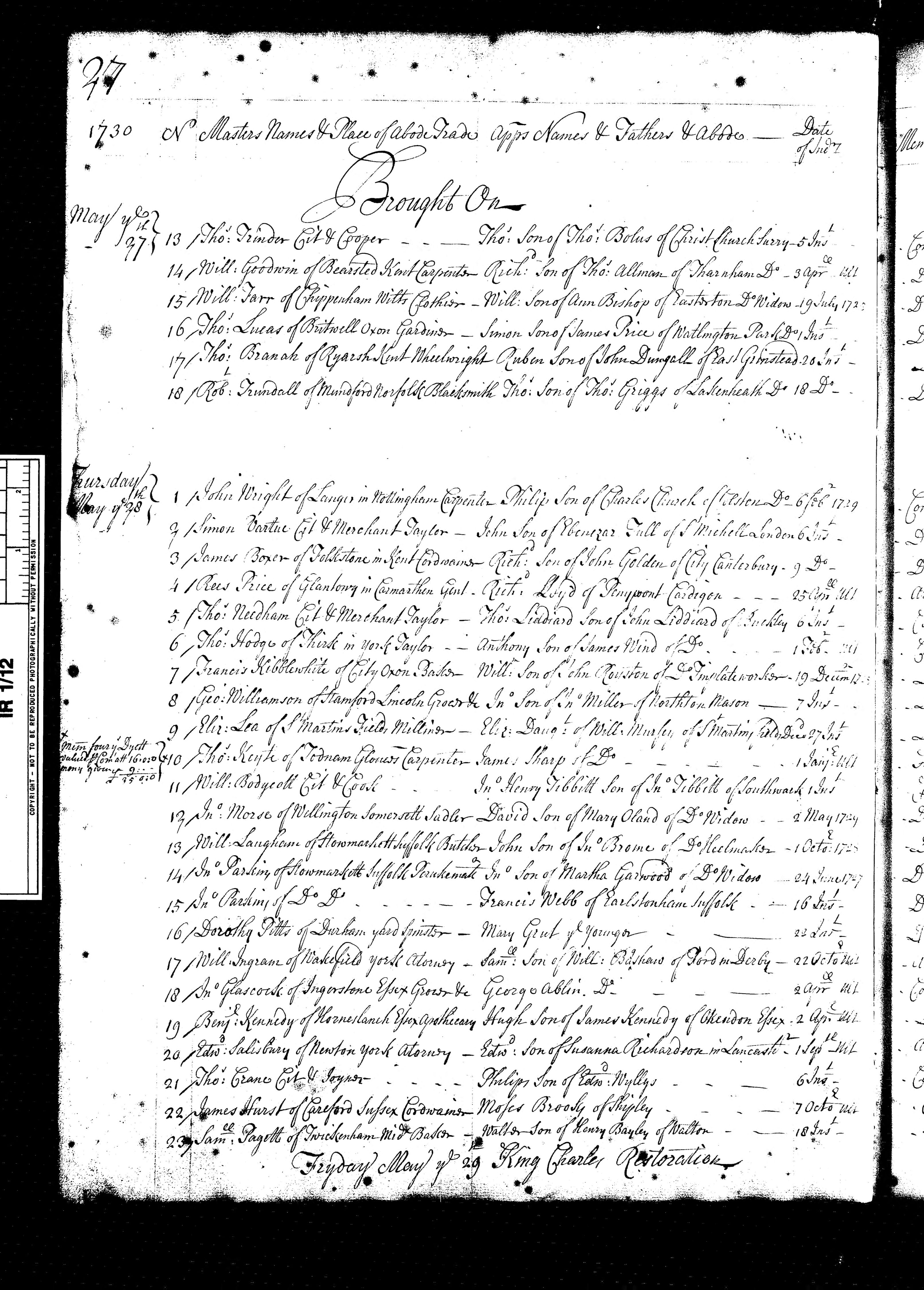 Simon Vertue in the apprentices records 28 May 1730. Another record on Ancestry for 1738.