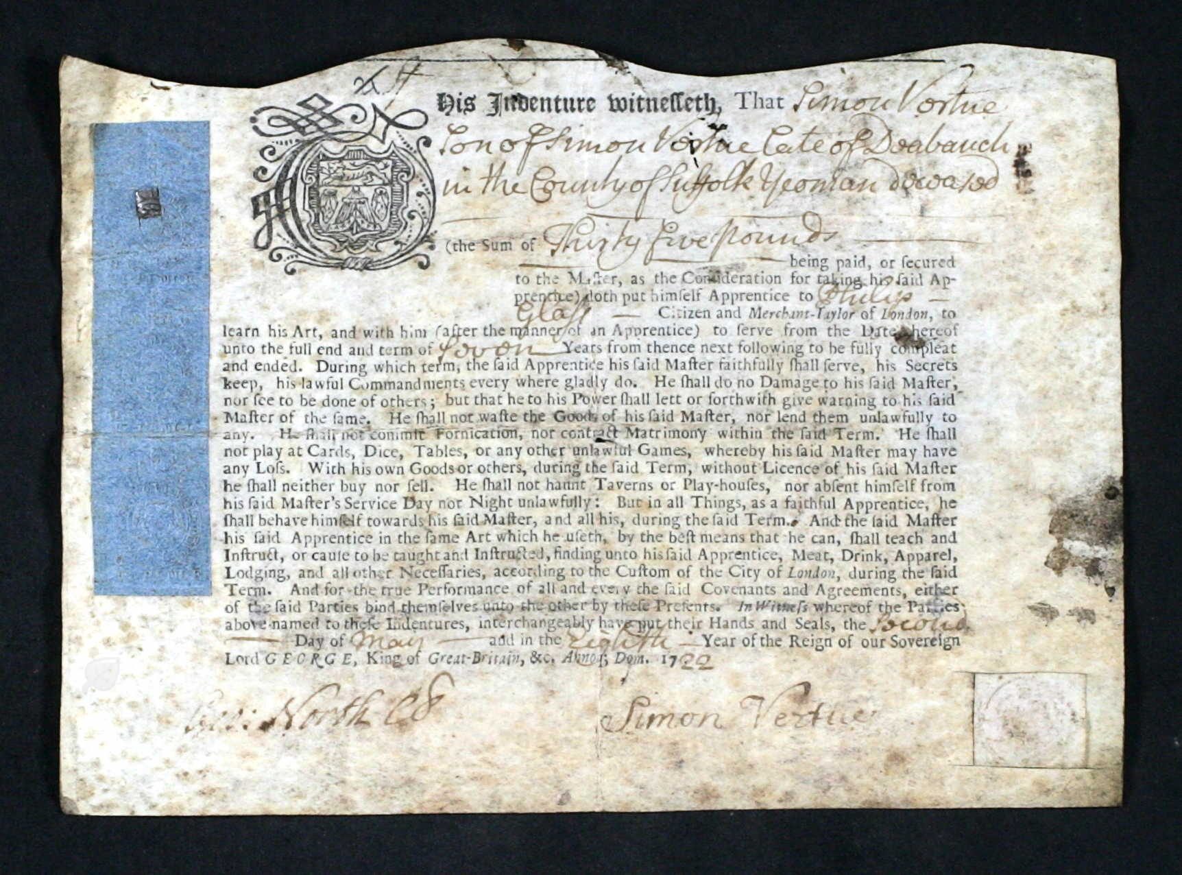 Simon Vertue paid £35, a large sum on 2nd May 1722, for his apprenticeship to merchant taylor Philip Glass