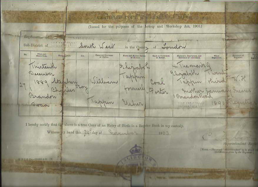 Stephen Charles Tappin birth certificate 1889