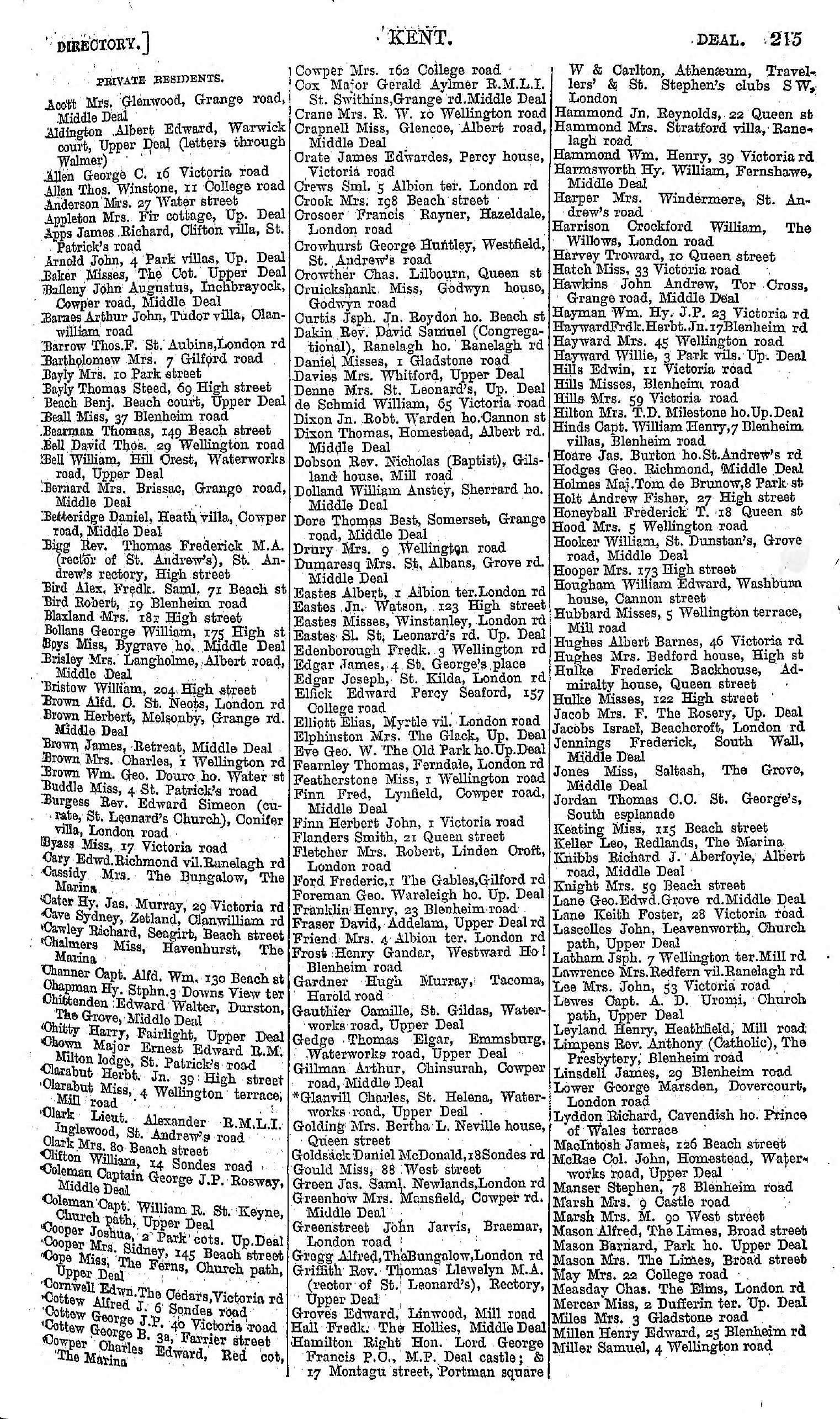 Thomas Bearman in the 1903 Kellys Directory for 149 Beach Street, Deal, Kent