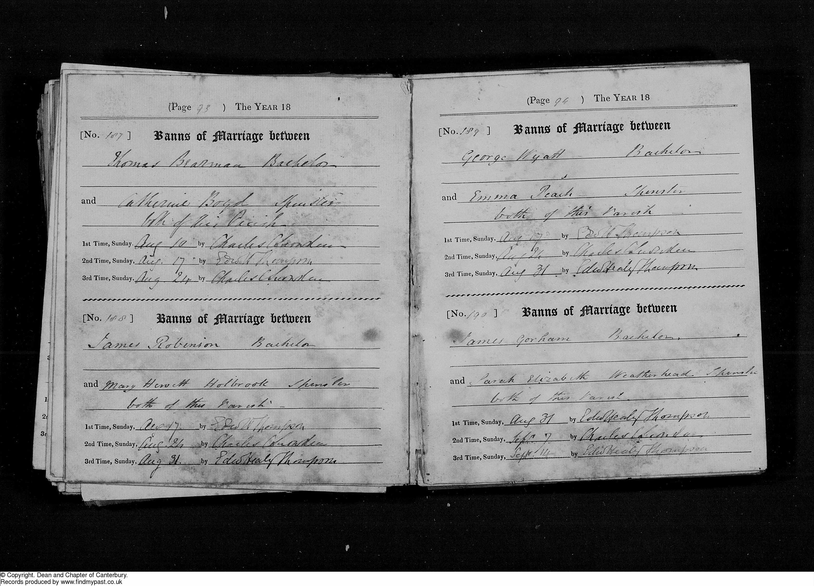 Record of the marriage banns of Thomas Bearman and Catherine Boyd in 1845