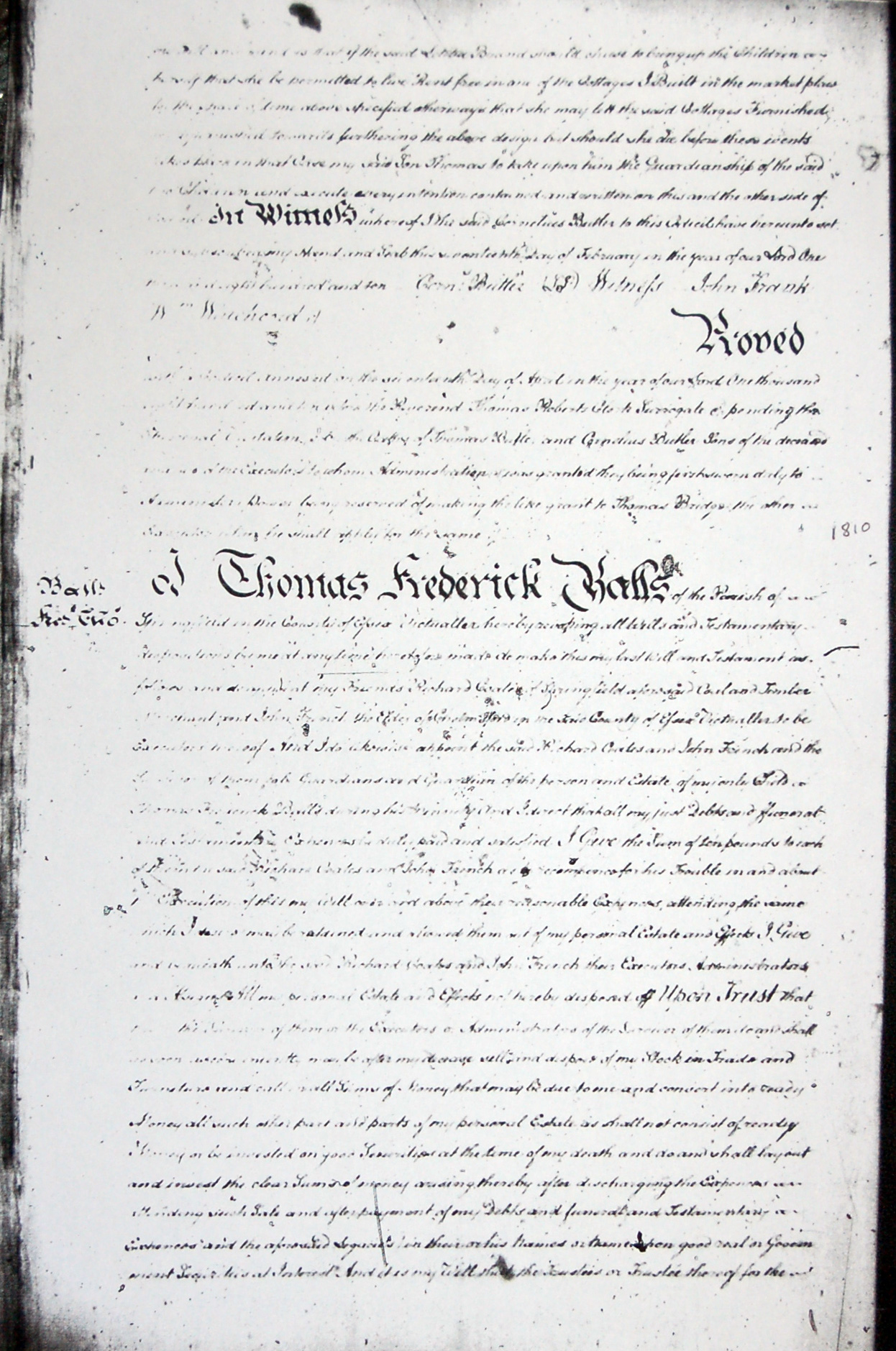 The will of Thomas Frederick Balls dated 1810, page 1 in which it is revealed he is a victualler of Springfield (like his father) and has an only child also named Thomas Frederick