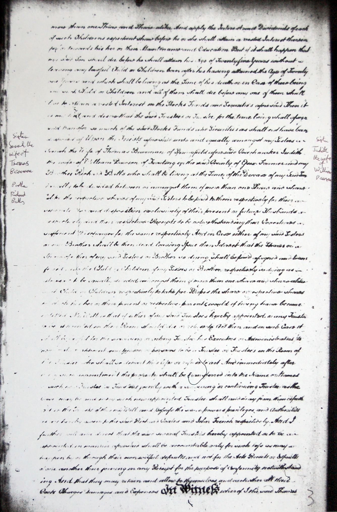 The will of Thomas Frederick Balls proved in 1810, page 3 in which he names his siblings Sarah the wife of Thomas Bearman coachmaker of Springfield, Judith the wife of William Dawson farmer of Freiting and brother Richard as beneficiaries should his only son die.