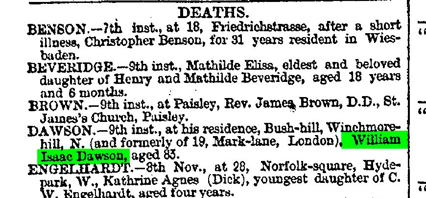 Death of William Isaac Dawson in 1890 announced in the Daily News (London) November 12th