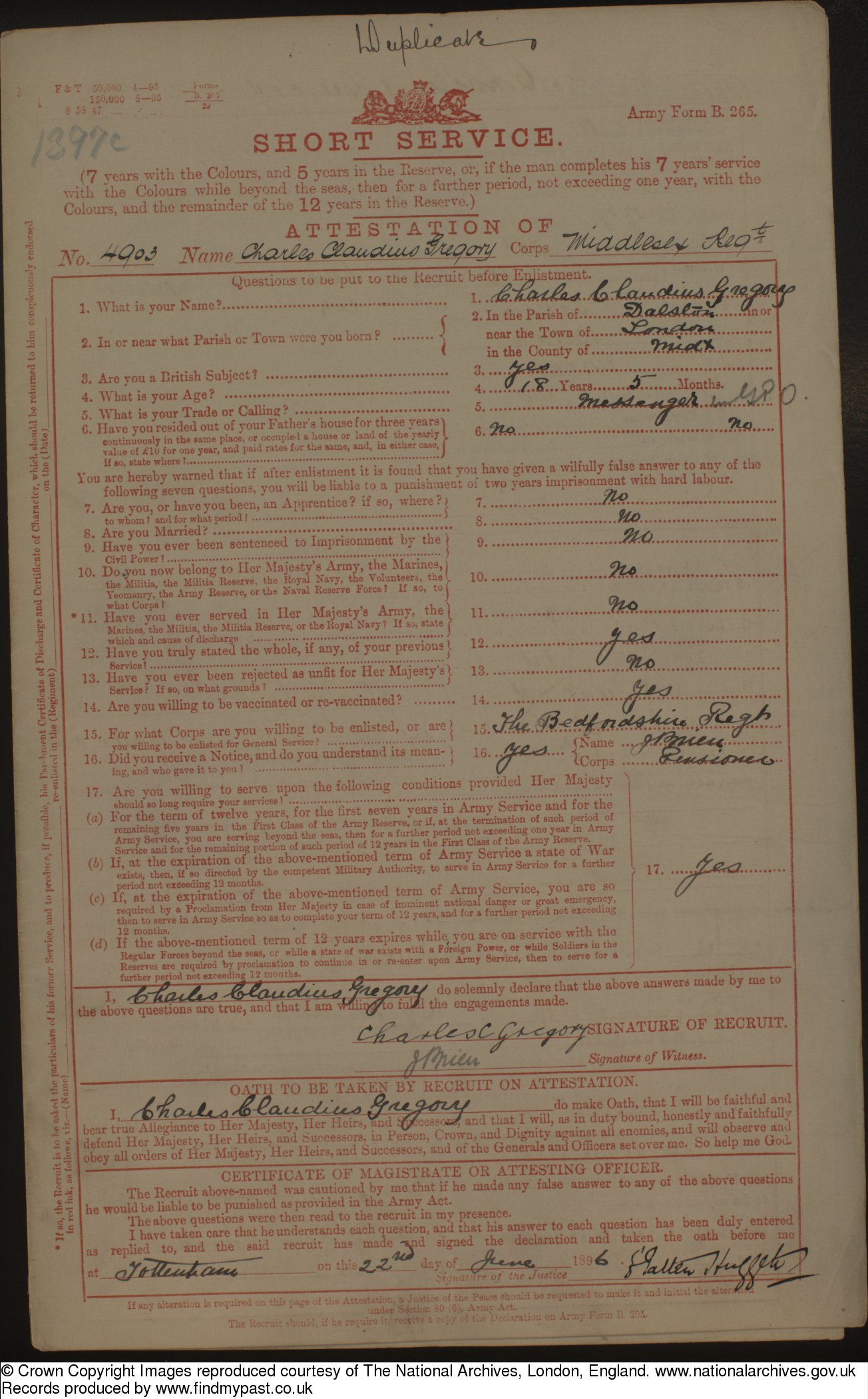 British Army service record for Charles Claudius Gregory in 1896
