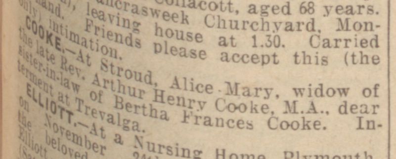 Death of Alice Mary Cooke (neé Gahan) in 1936