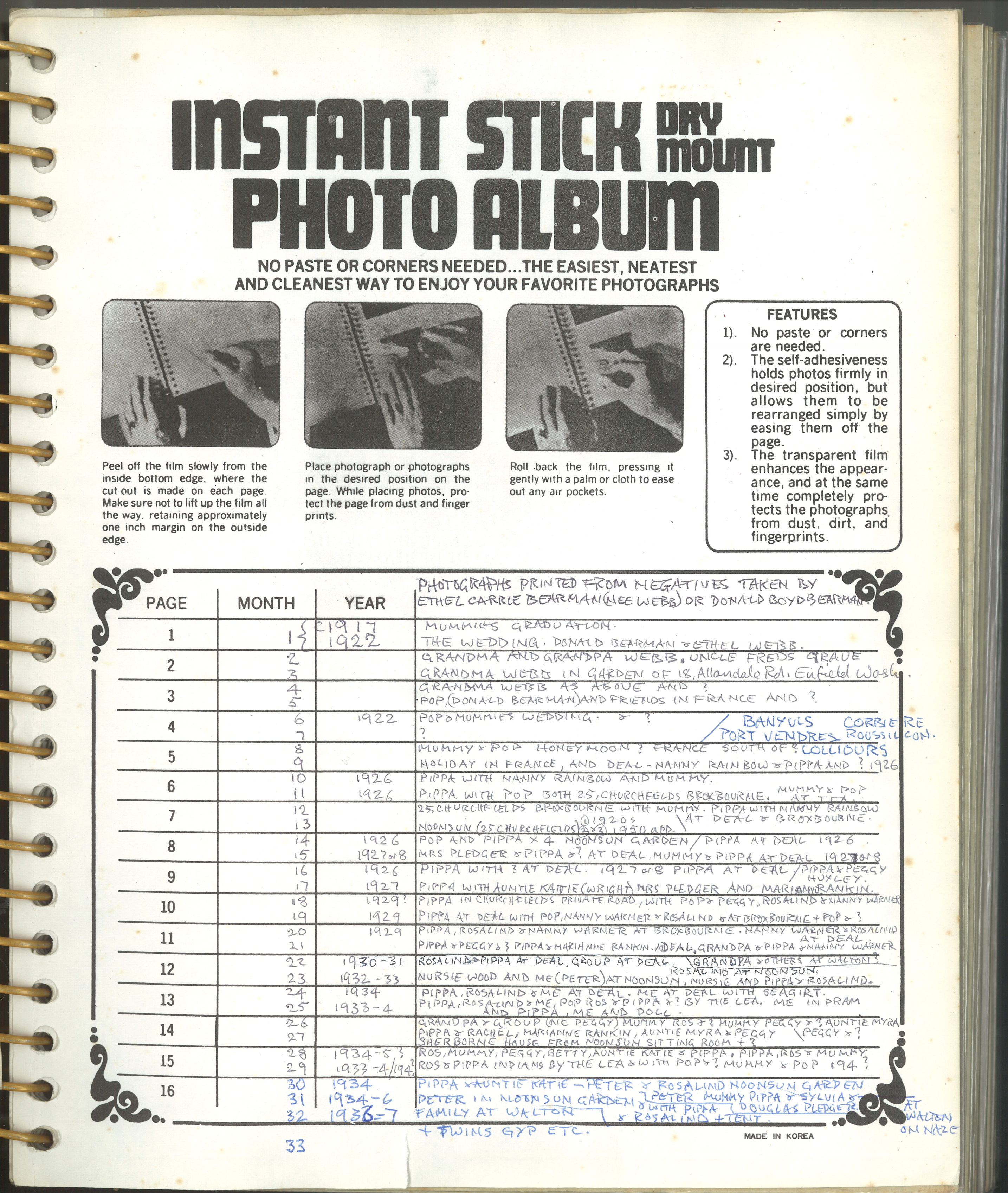 Index to Peter Bearman’s photo album from his parent’s negatives
