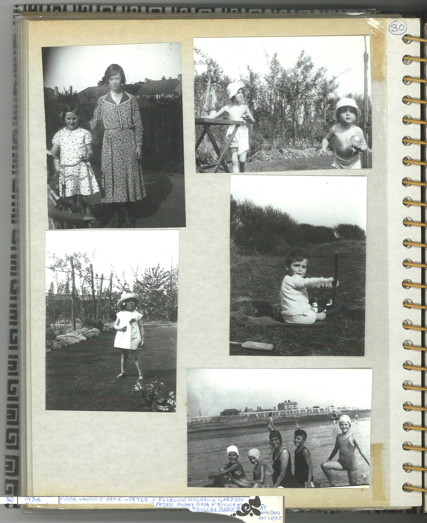 P30: Pippa Bearman and Auntie Katie; Peter Bearman and sister Rosalind in Noonsun garden; Peter, mother Ethel, Pippa and Sylvia and Douglas Pledger at Walton on Naze, 1934