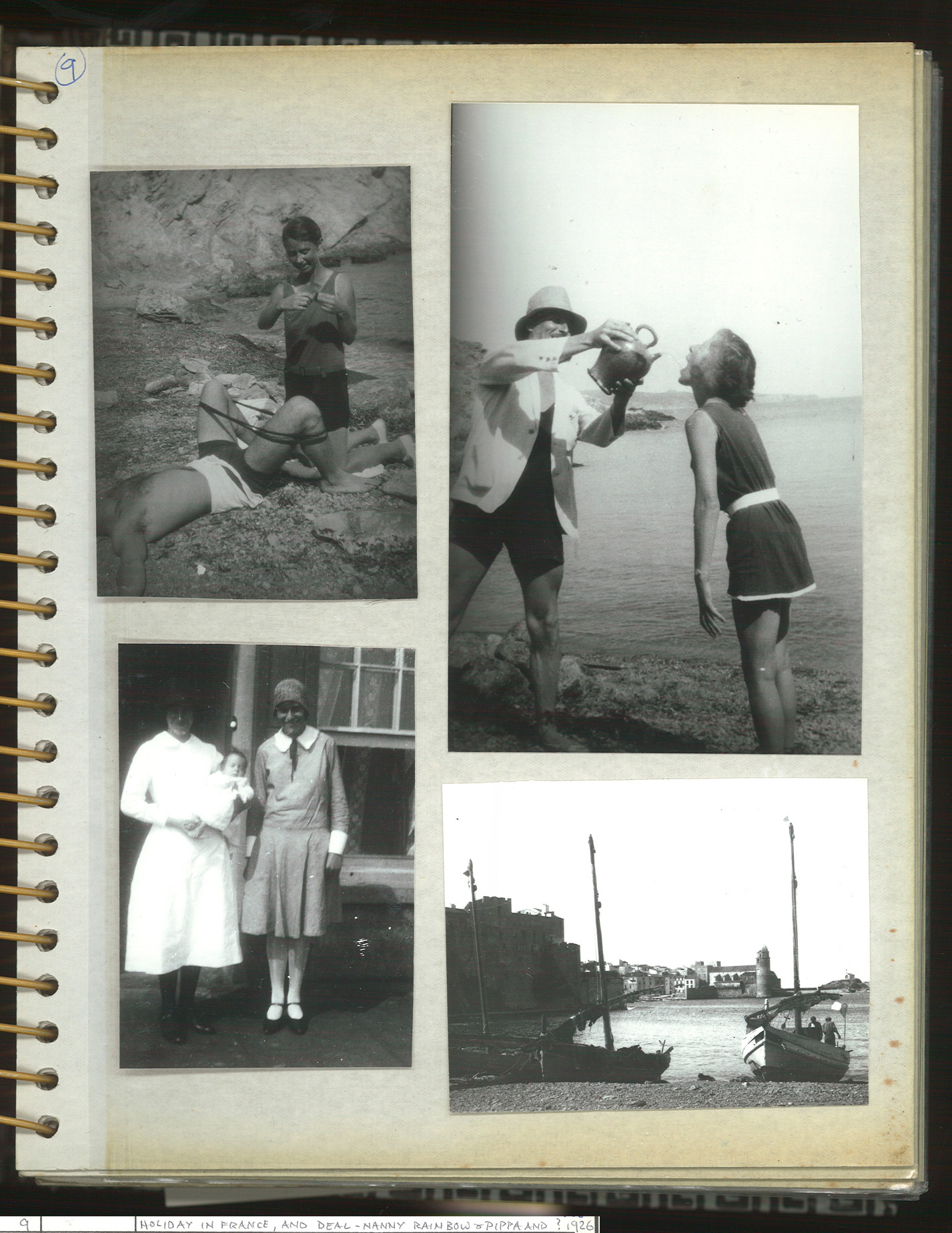 P9: Holiday in France, Nanny Rainbow, Pippa and ?. Top right image is probably a view north from the Plage du Troc, Banyuls. Bottom Right is a view of Collioure.
