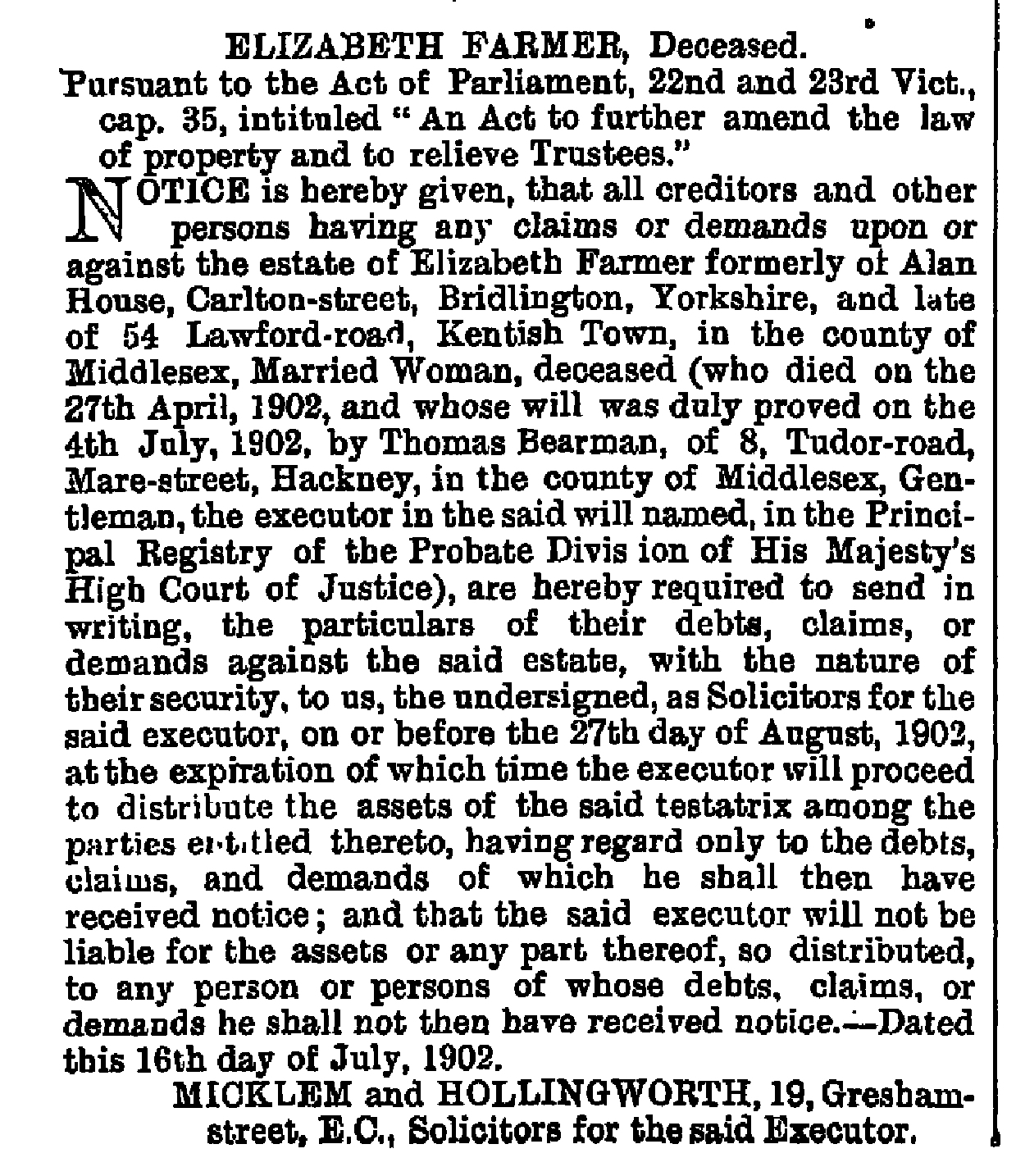 Elizabeth Farmer (née Sandell) deceased 1902 notice in The London Gazette, 18th July